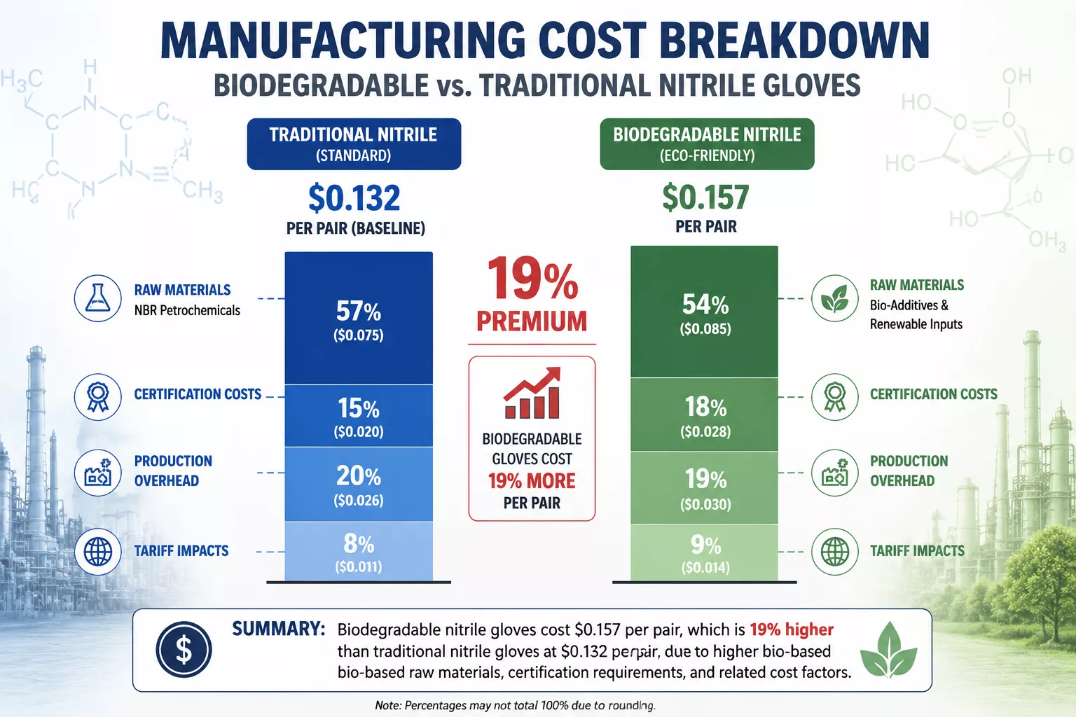 Detailed () image showing manufacturing cost breakdown infographic for biodegradable versus traditional nitrile gloves.