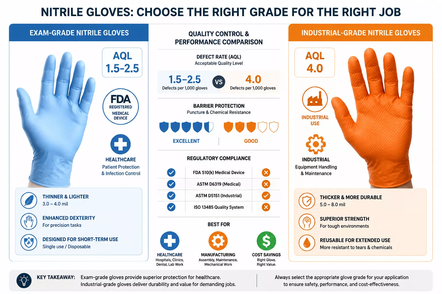 Detailed () image showing side-by-side comparison chart of exam-grade versus industrial-grade nitrile gloves. Left column
