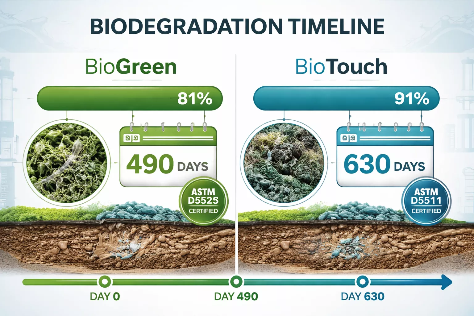Detailed () image showing side-by-side comparison infographic of BioGreen and BioTouch nitrile gloves biodegradation
