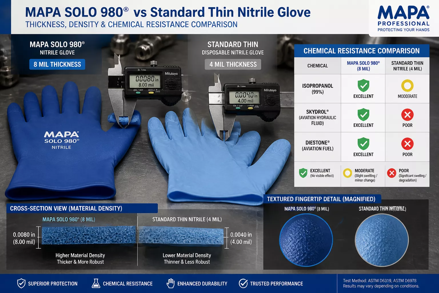 Detailed () image showing side-by-side comparison of MAPA Solo 980 glove (8 mil thickness) next to standard thin disposable