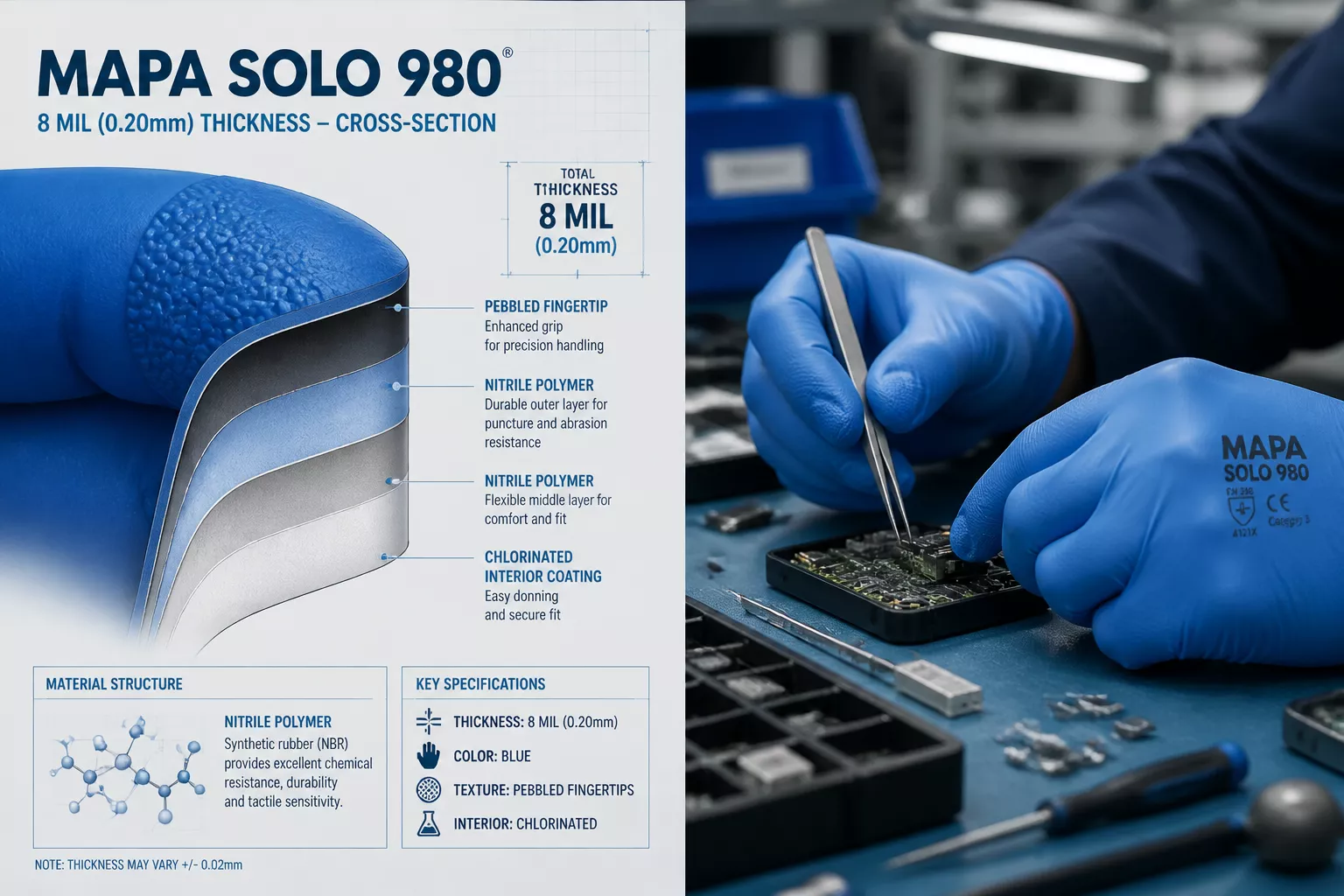 Detailed () image showing side-by-side comparison of MAPA Solo 980 glove cross-section revealing 8 mil (0.20mm) thickness