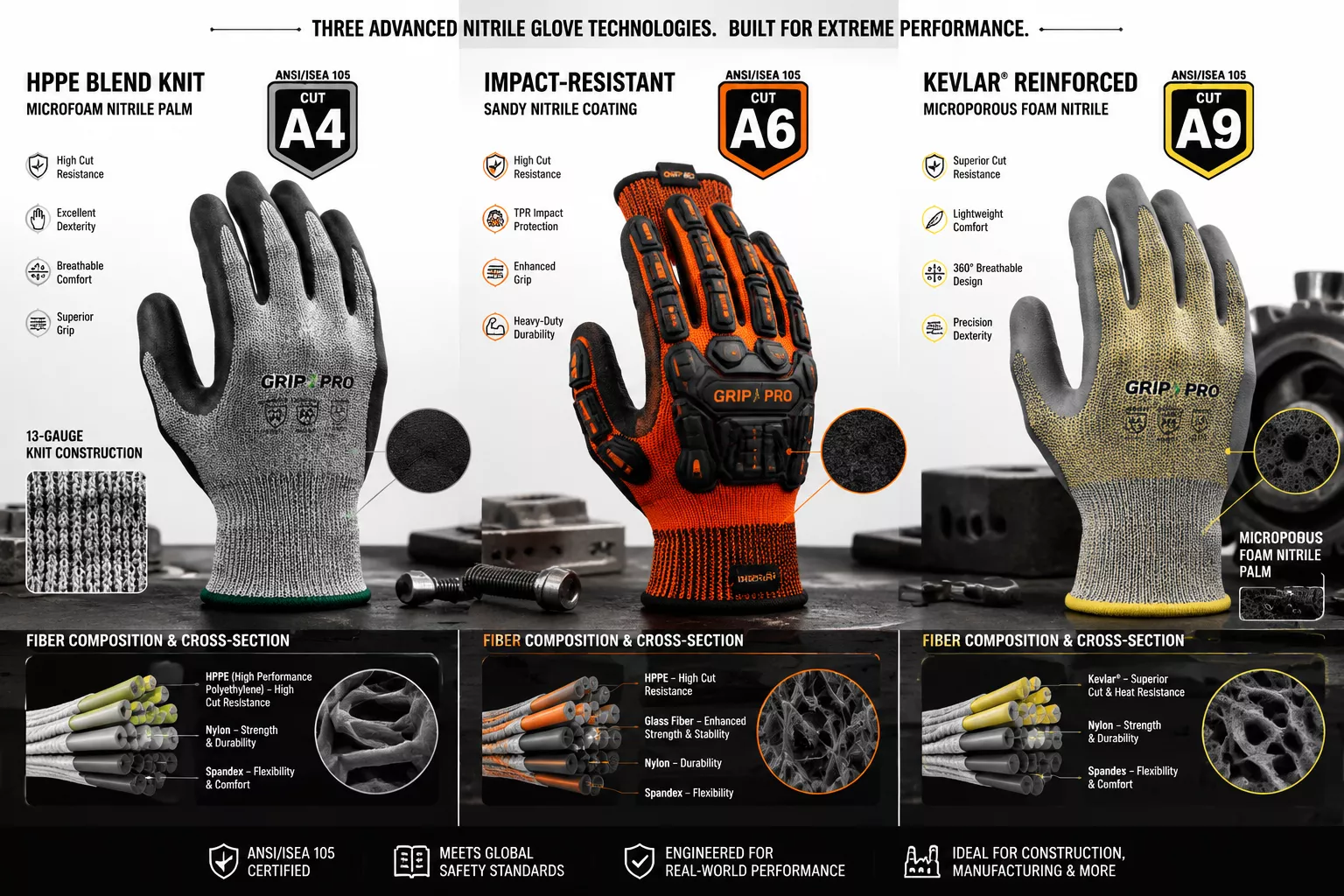 Detailed () image showing side-by-side comparison of three different advanced nitrile glove technologies on industrial
