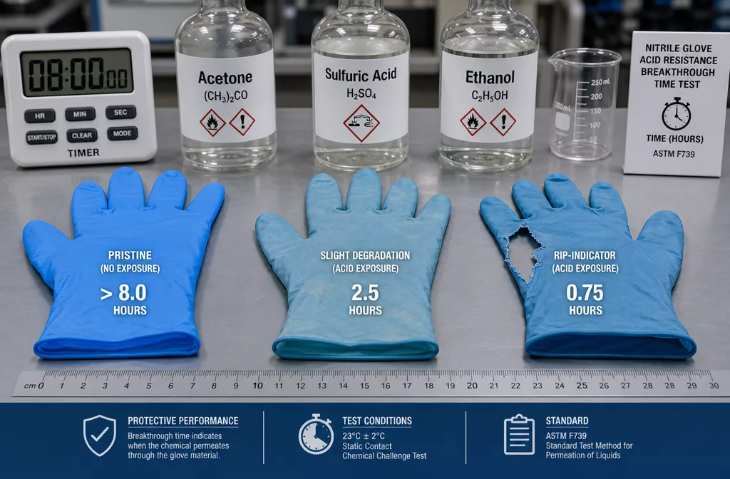 Detailed () image showing side-by-side comparison of three nitrile glove samples with visible chemical exposure effects: