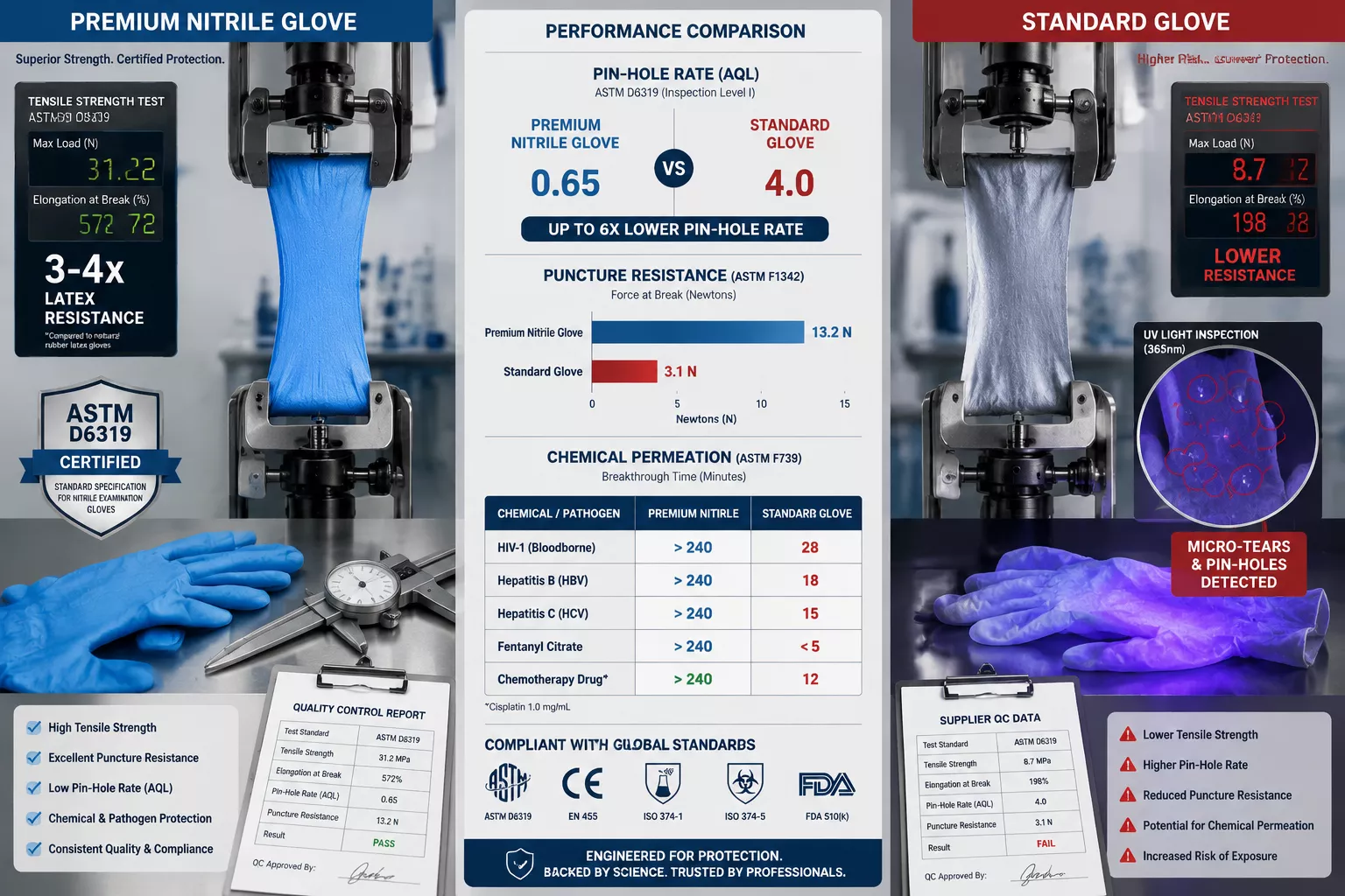 Detailed () image showing split-screen comparison: left side displays premium nitrile glove under microscopic tensile