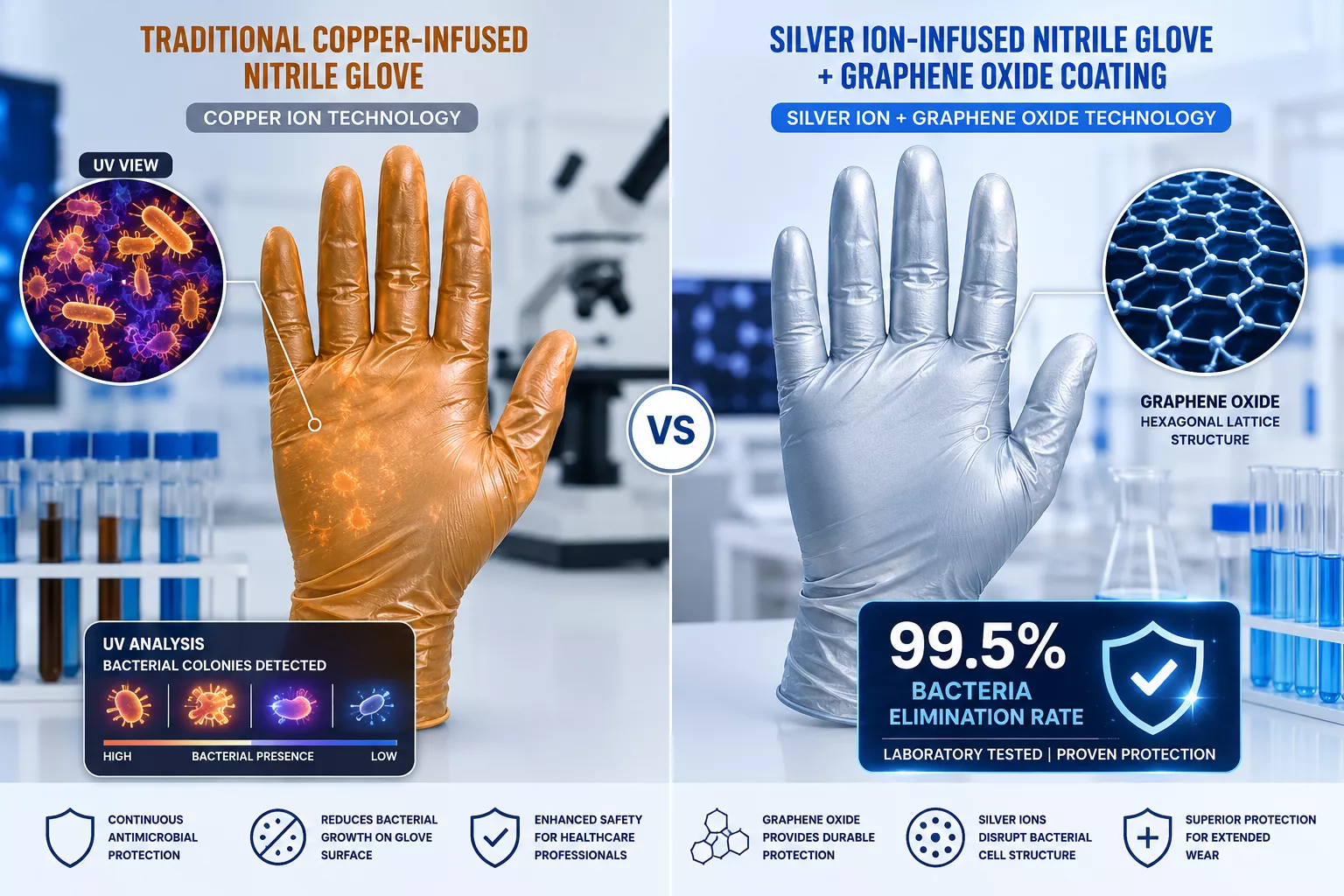 Detailed () image showing split-screen comparison of antimicrobial coating technologies on nitrile gloves. Left side