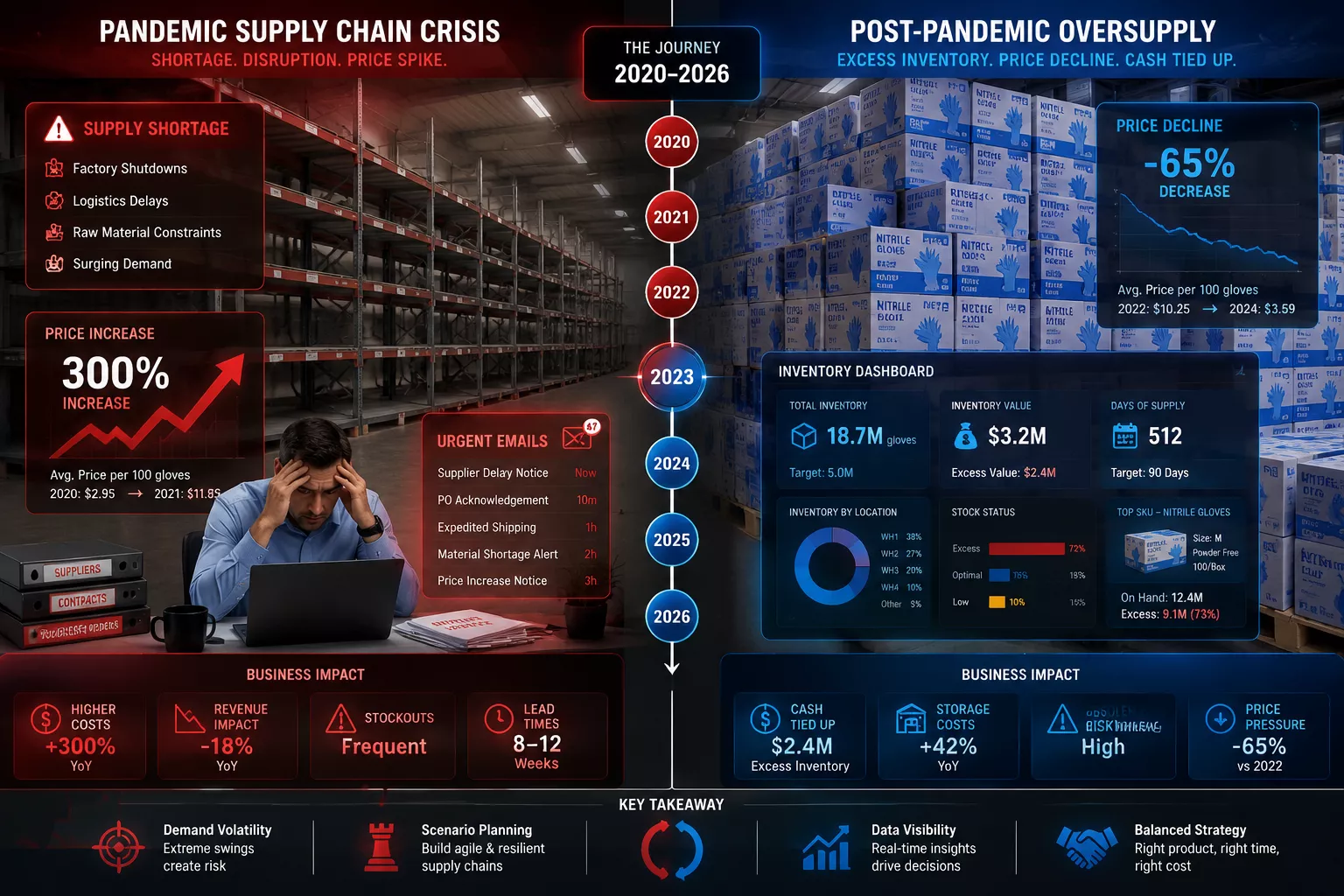 Detailed () image showing split-screen comparison of pandemic supply chain crisis versus post-pandemic oversupply. Left