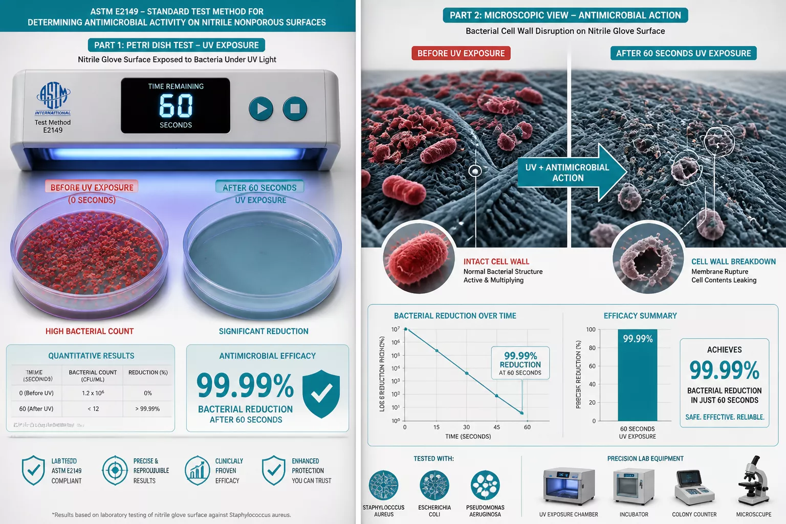 Detailed () image showing split-screen laboratory testing scene: left side displays petri dishes with bacterial colonies