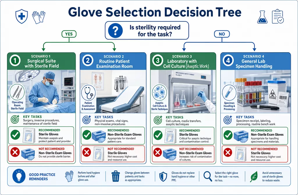 Detailed () infographic-style image showing decision tree flowchart for glove selection across different healthcare and