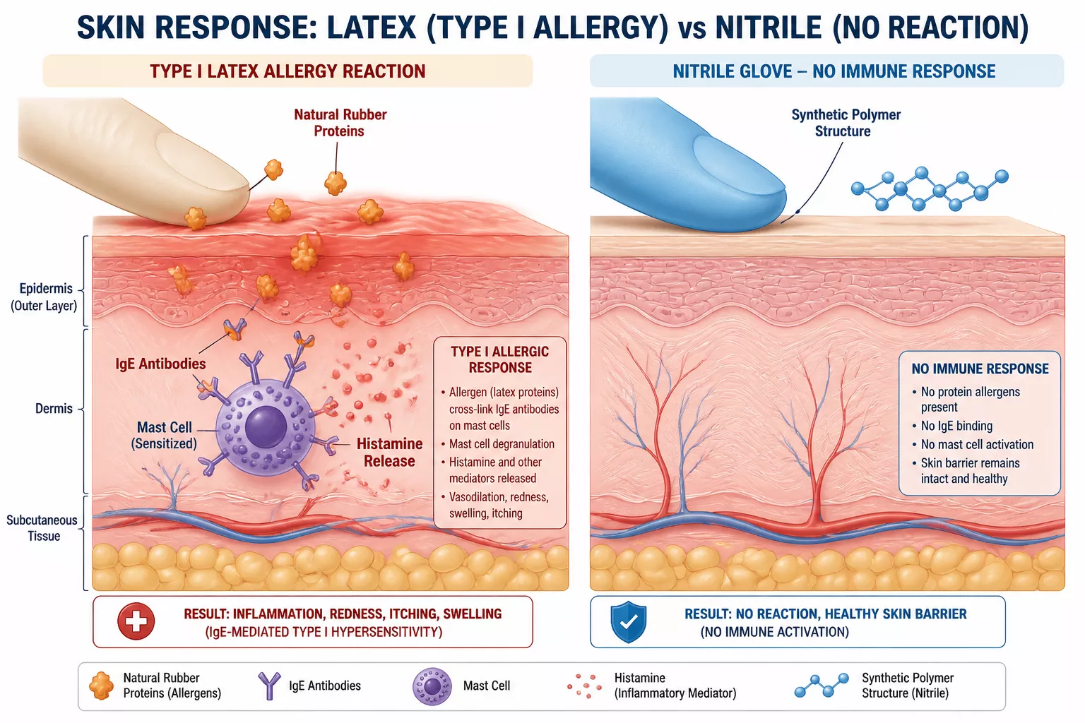 Detailed () medical infographic showing anatomical cross-section of human skin with two side-by-side comparisons: left panel