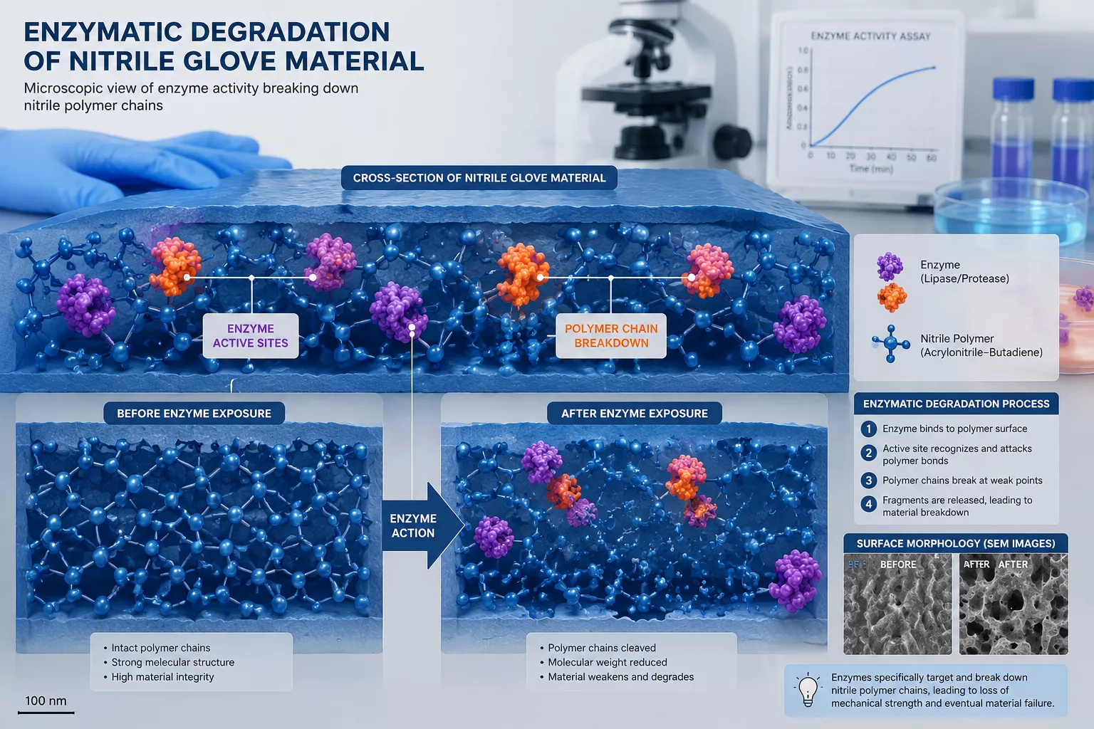 Detailed () scientific illustration showing cross-section view of nitrile glove material at microscopic level with enzyme