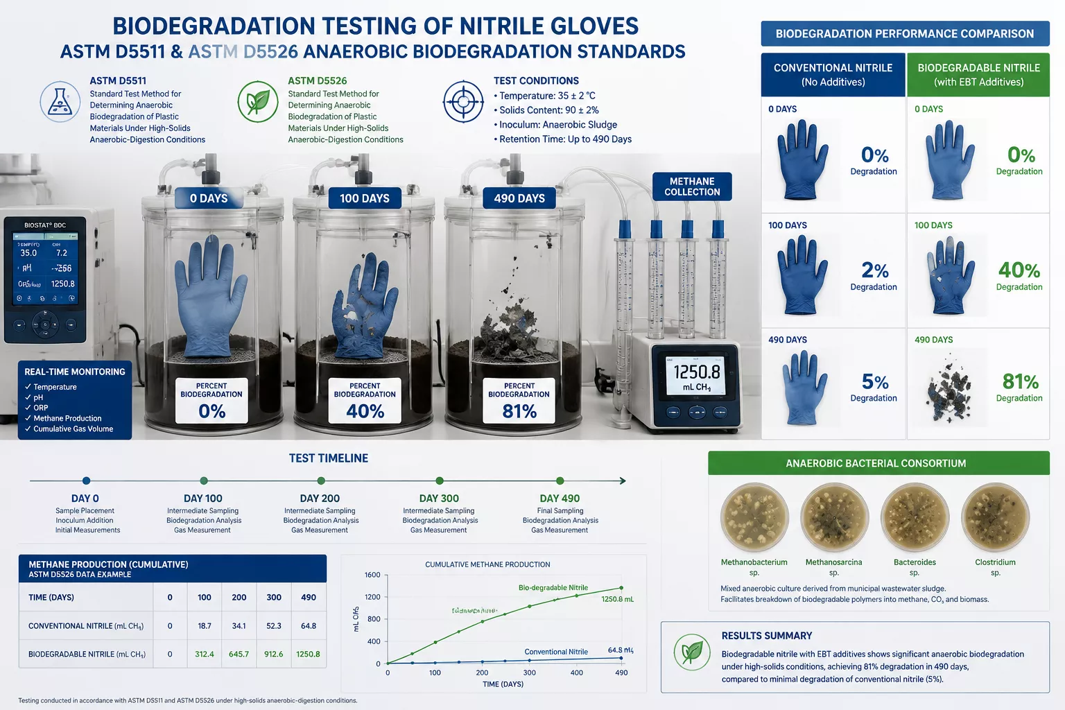 Detailed () scientific infographic showing laboratory testing setup for ASTM D5511 and D5526 biodegradation standards.