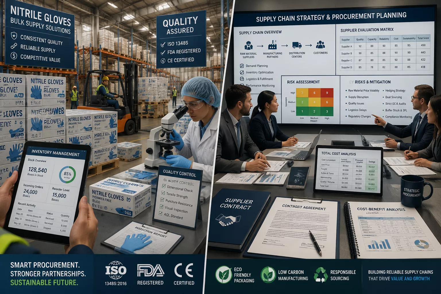 Detailed () split-screen composition showing left side: bulk purchasing warehouse with stacked pallets of nitrile glove
