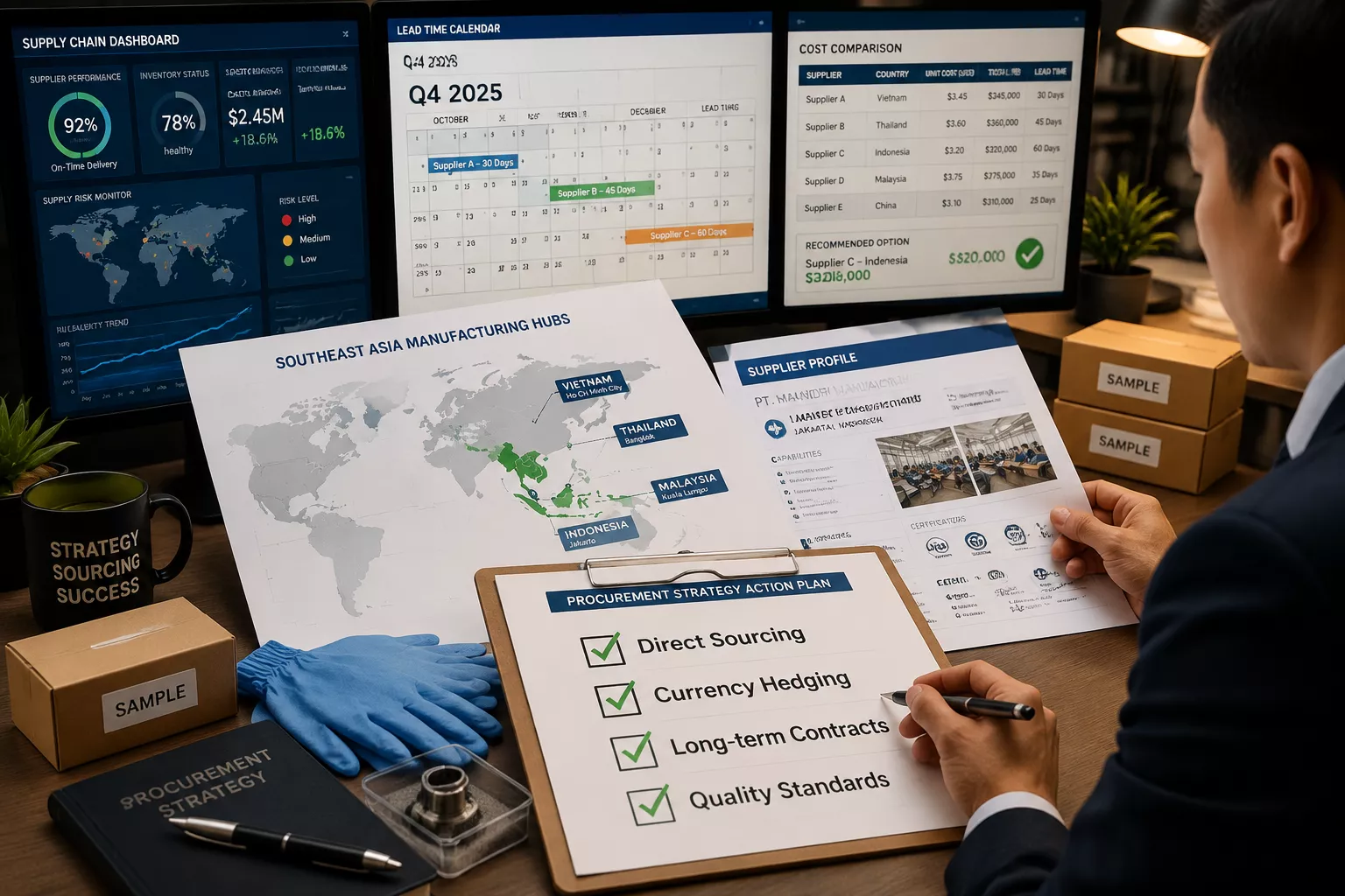 Detailed () strategic planning scene showing procurement professional at modern desk reviewing supplier documents and world