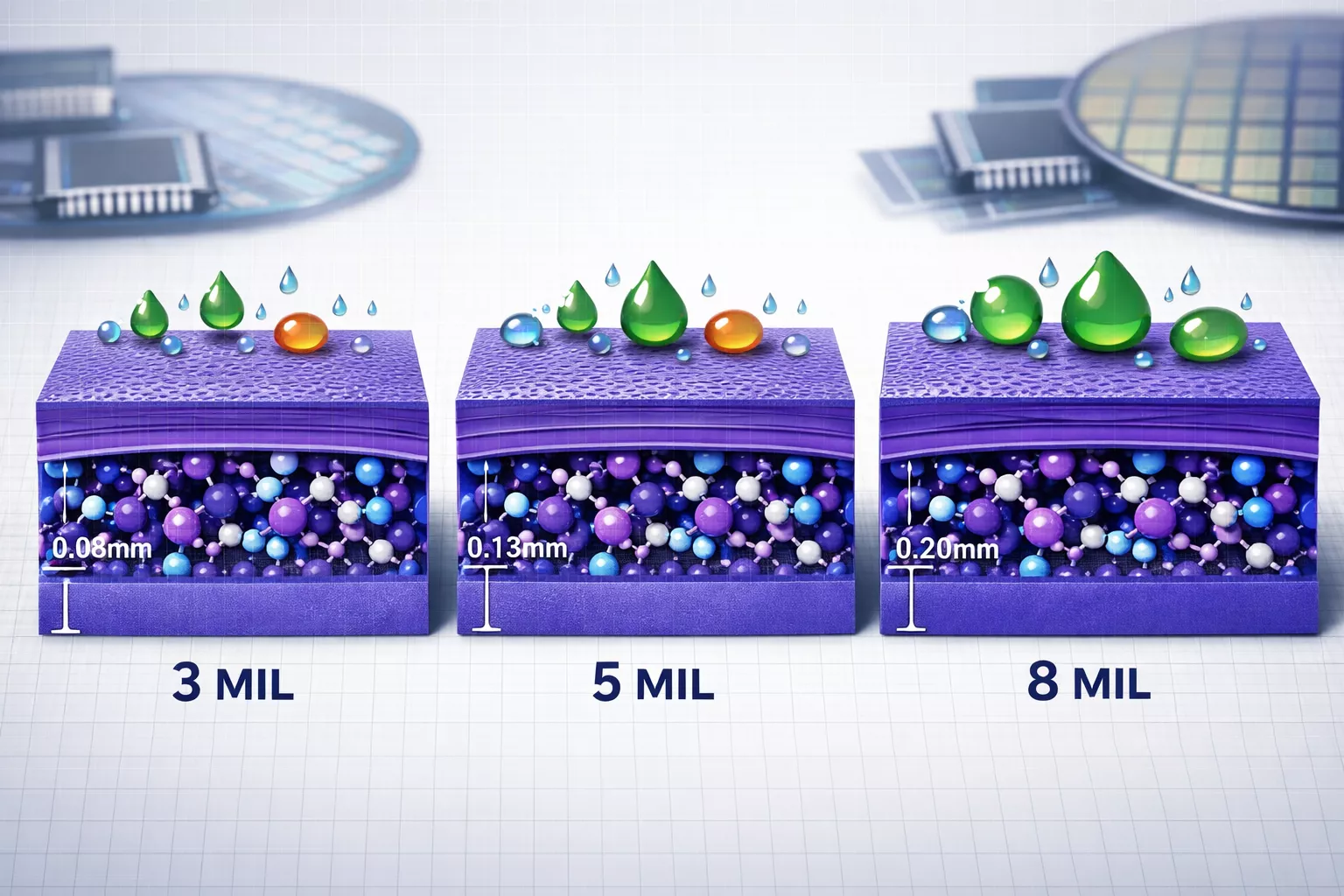 Detailed () technical comparison image showing cross-section diagram of nitrile glove material structure with molecular