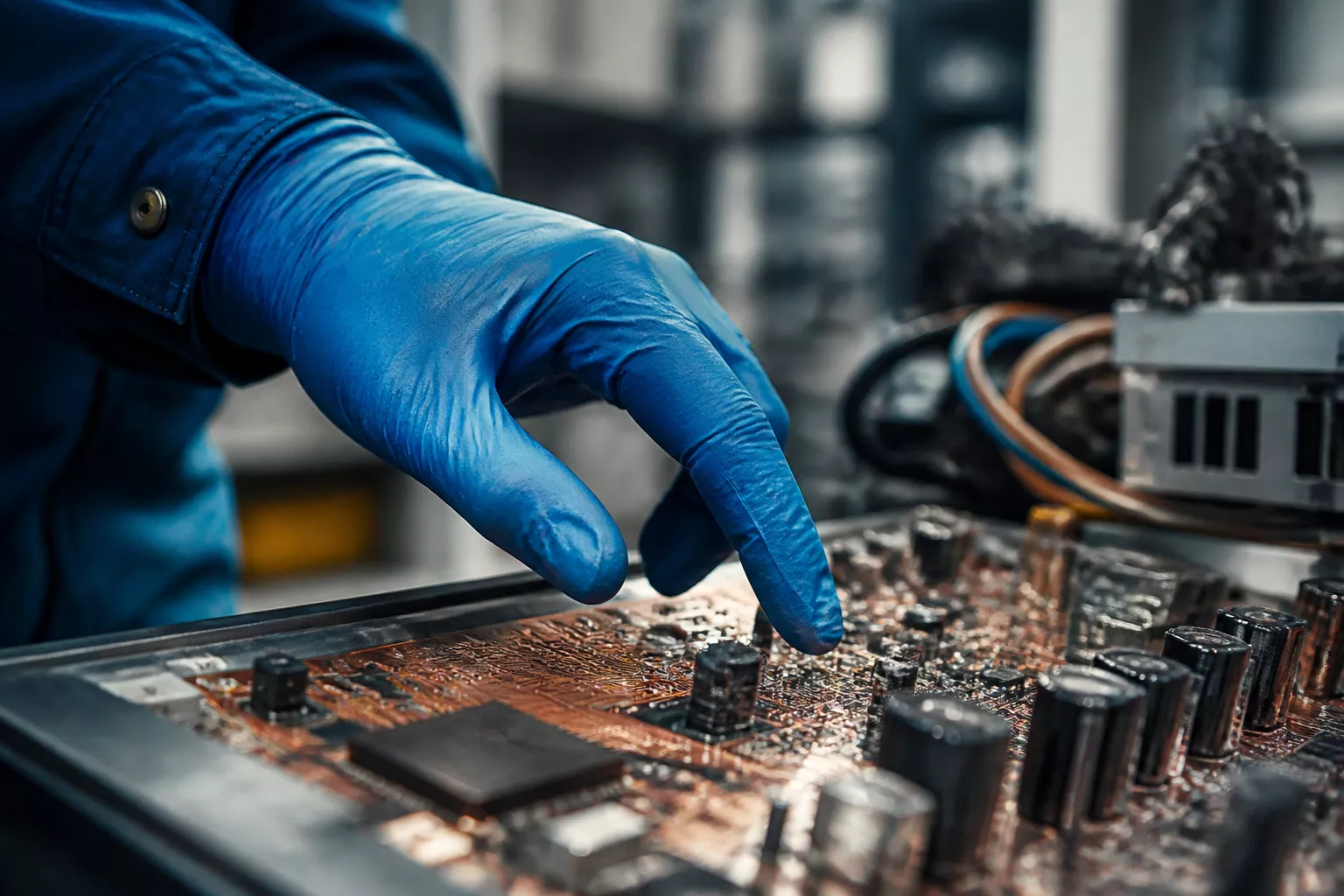 Professional () editorial hero image showing a close-up of a blue nitrile glove on a worker's hand reaching toward an
