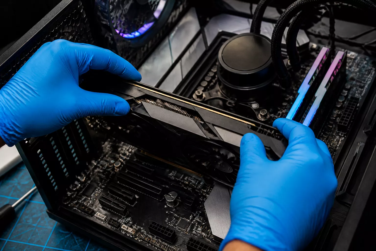 Professional () editorial hero image showing a close-up of hands wearing blue nitrile gloves carefully installing a graphics