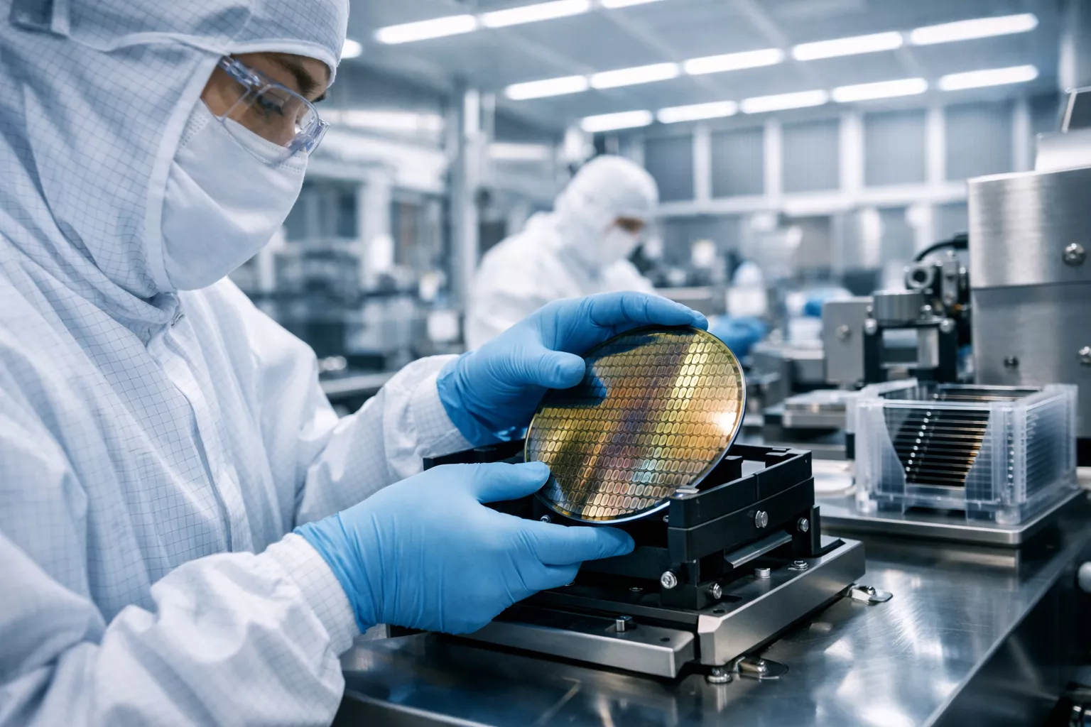 Professional () editorial hero image showing a pristine semiconductor cleanroom environment with workers in full protective