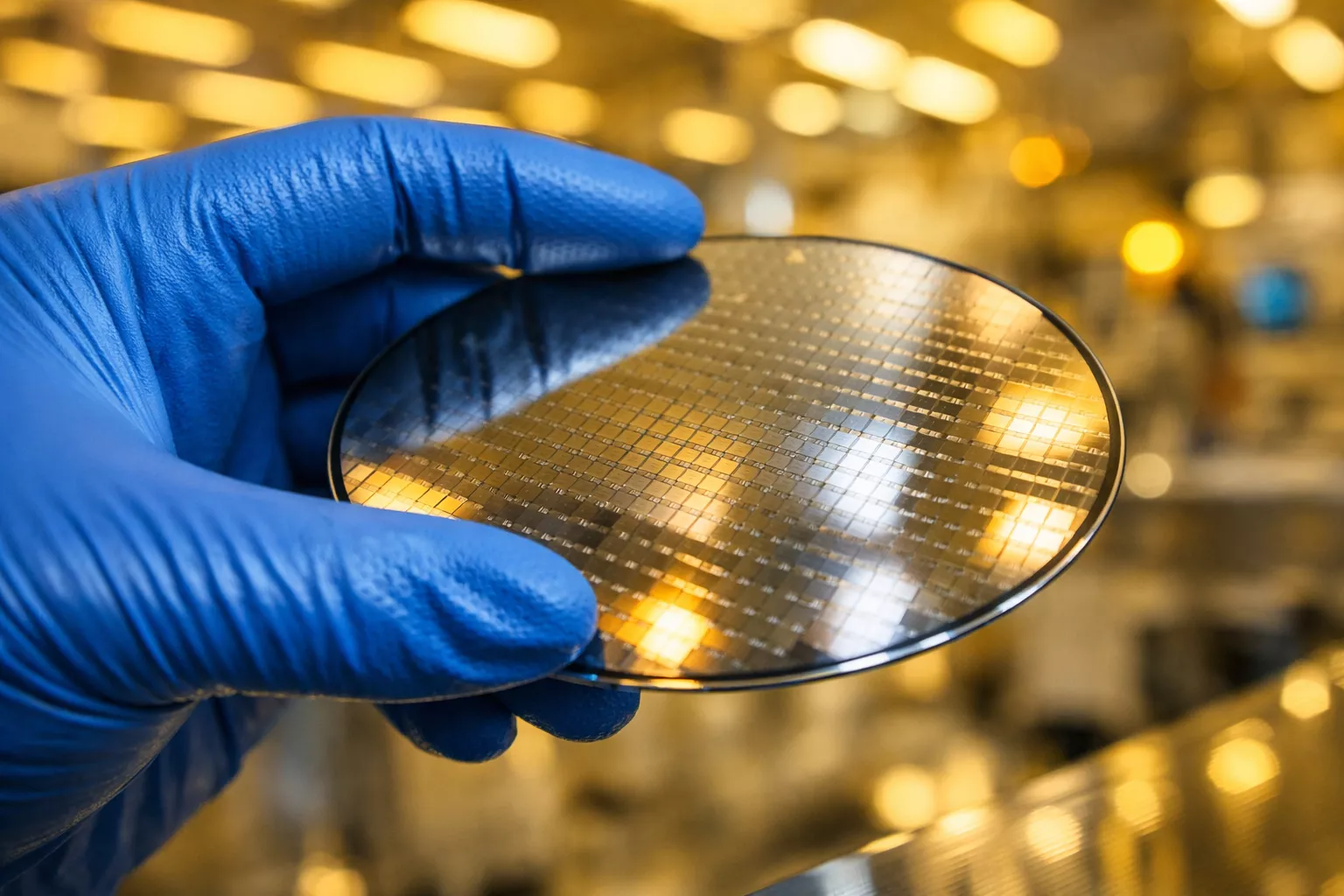 Professional () editorial hero image showing a semiconductor cleanroom environment with a gloved hand in blue nitrile glove