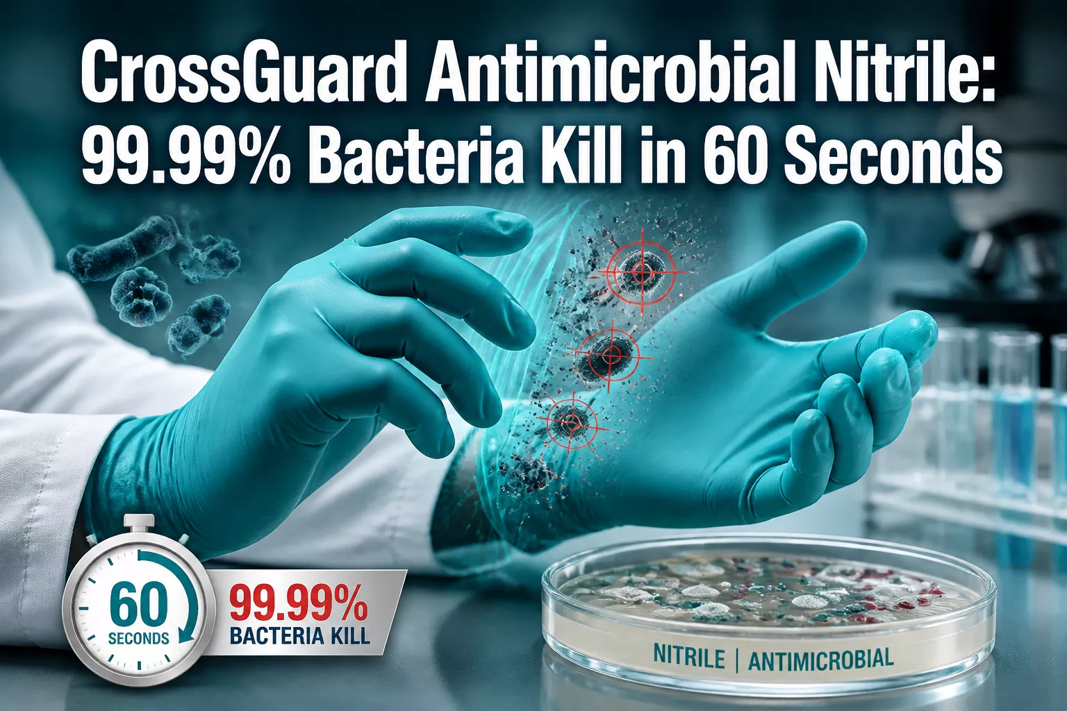 Professional () hero image featuring 'CrossGuard Antimicrobial Nitrile: 99.99% Bacteria Kill in 60 Seconds' in extra large
