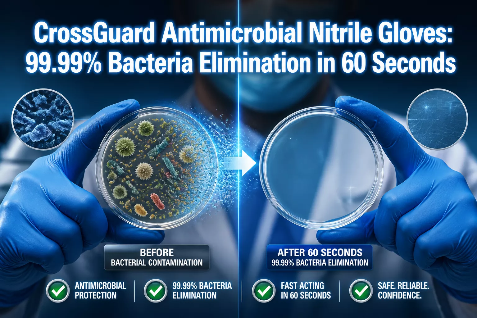 Professional () hero image featuring 'CrossGuard Antimicrobial Nitrile Gloves: 99.99% Bacteria Elimination in 60 Seconds' in