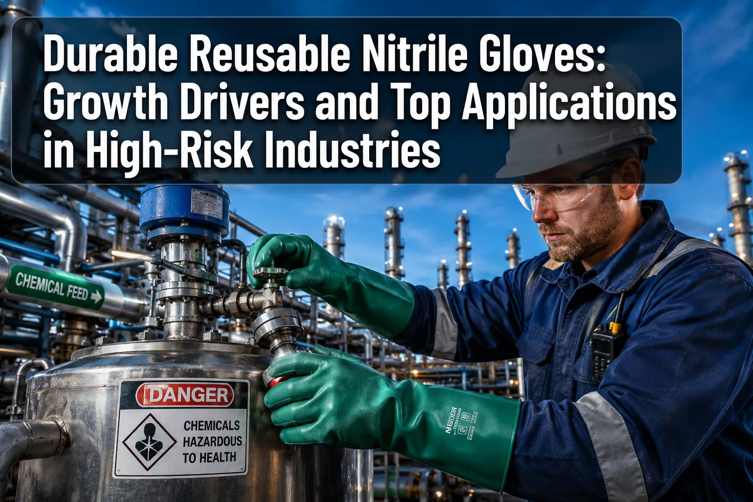 Professional () hero image featuring 'Durable Reusable Nitrile Gloves: Growth Drivers and Top Applications in High-Risk