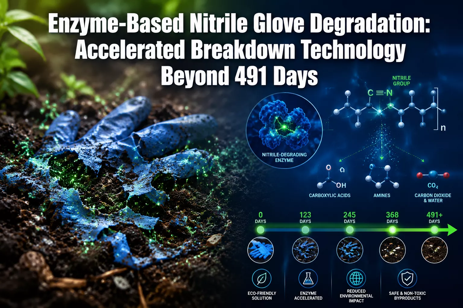 Professional () hero image featuring 'Enzyme-Based Nitrile Glove Degradation: Accelerated Breakdown Technology Beyond 491