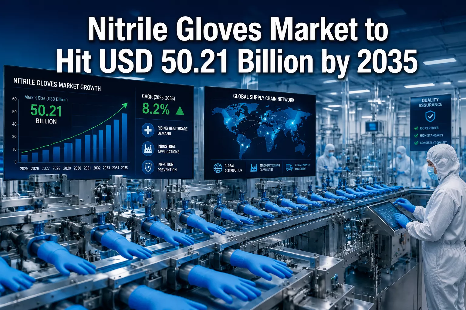 Professional () hero image featuring 'Nitrile Gloves Market to Hit USD 50.21 Billion by 2035' in extra large white with dark