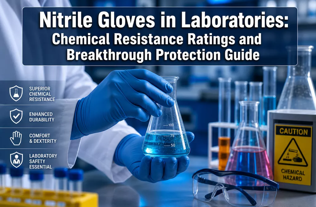 Professional () hero image featuring 'Nitrile Gloves in Laboratories: Chemical Resistance Ratings and Breakthrough