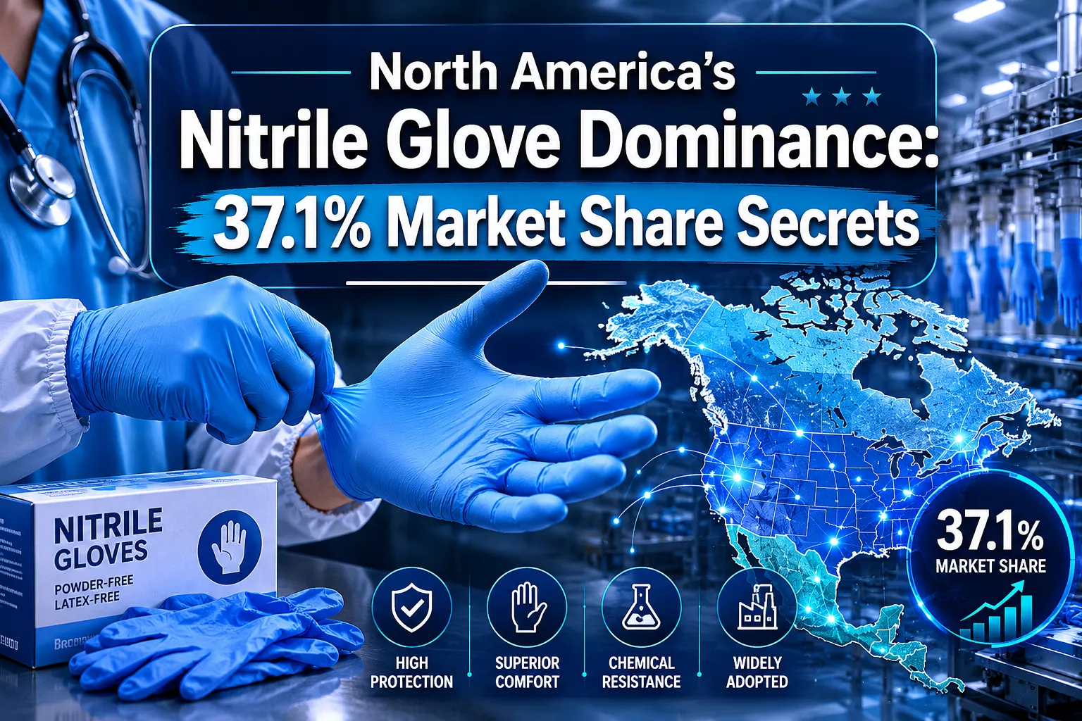 Professional () hero image featuring 'North America's Nitrile Glove Dominance: 37.1% Market Share Secrets' in extra large