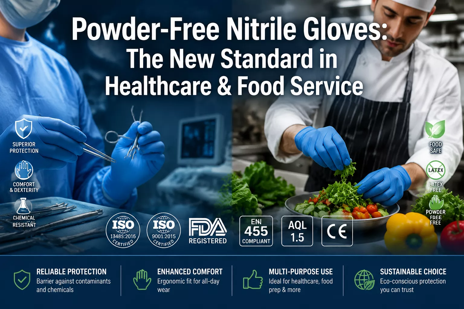 Professional () hero image featuring 'Powder-Free Nitrile Gloves: The New Standard in Healthcare & Food Service' in extra