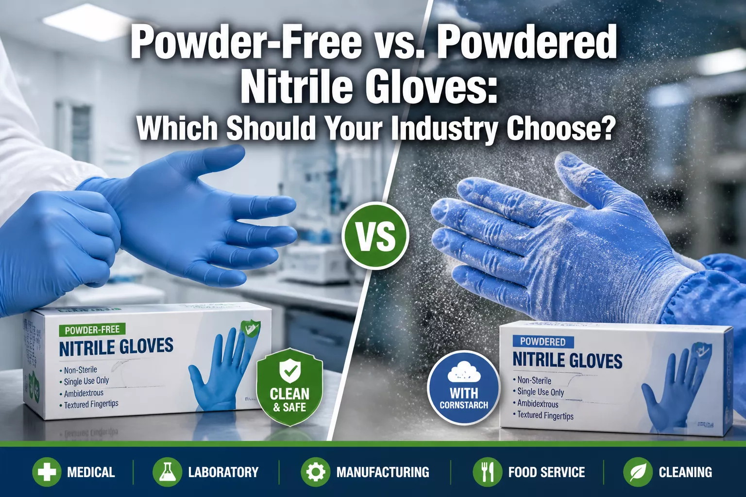 Professional () hero image featuring 'Powder-Free vs. Powdered Nitrile Gloves: Which Should Your Industry Choose?' in extra