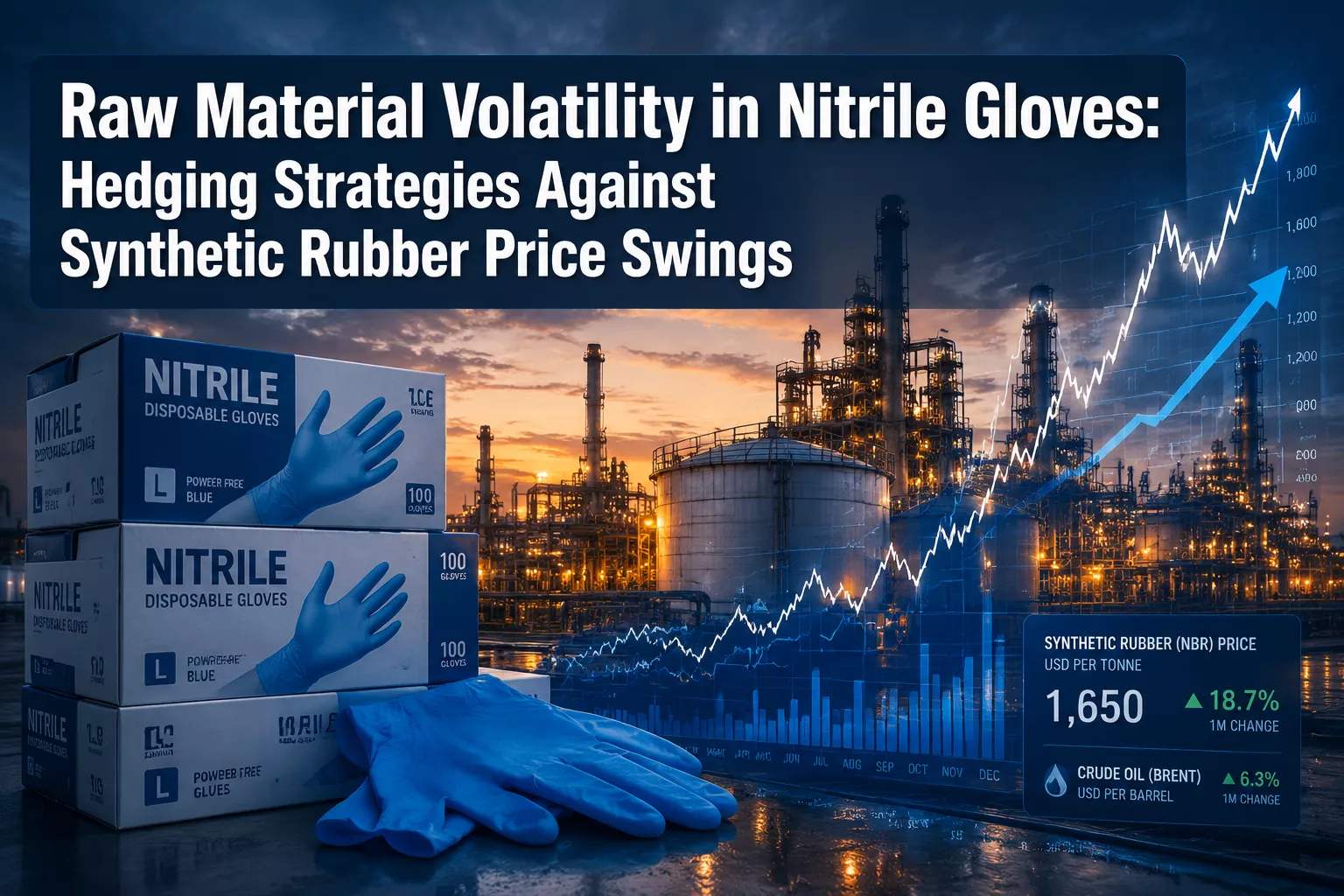 Professional () hero image featuring 'Raw Material Volatility in Nitrile Gloves: Hedging Strategies Against Synthetic Rubber
