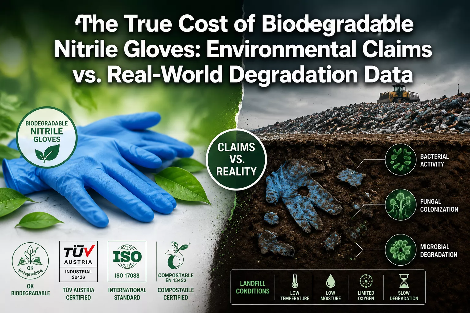 Professional () hero image featuring 'The True Cost of Biodegradable Nitrile Gloves: Environmental Claims vs. Real-World