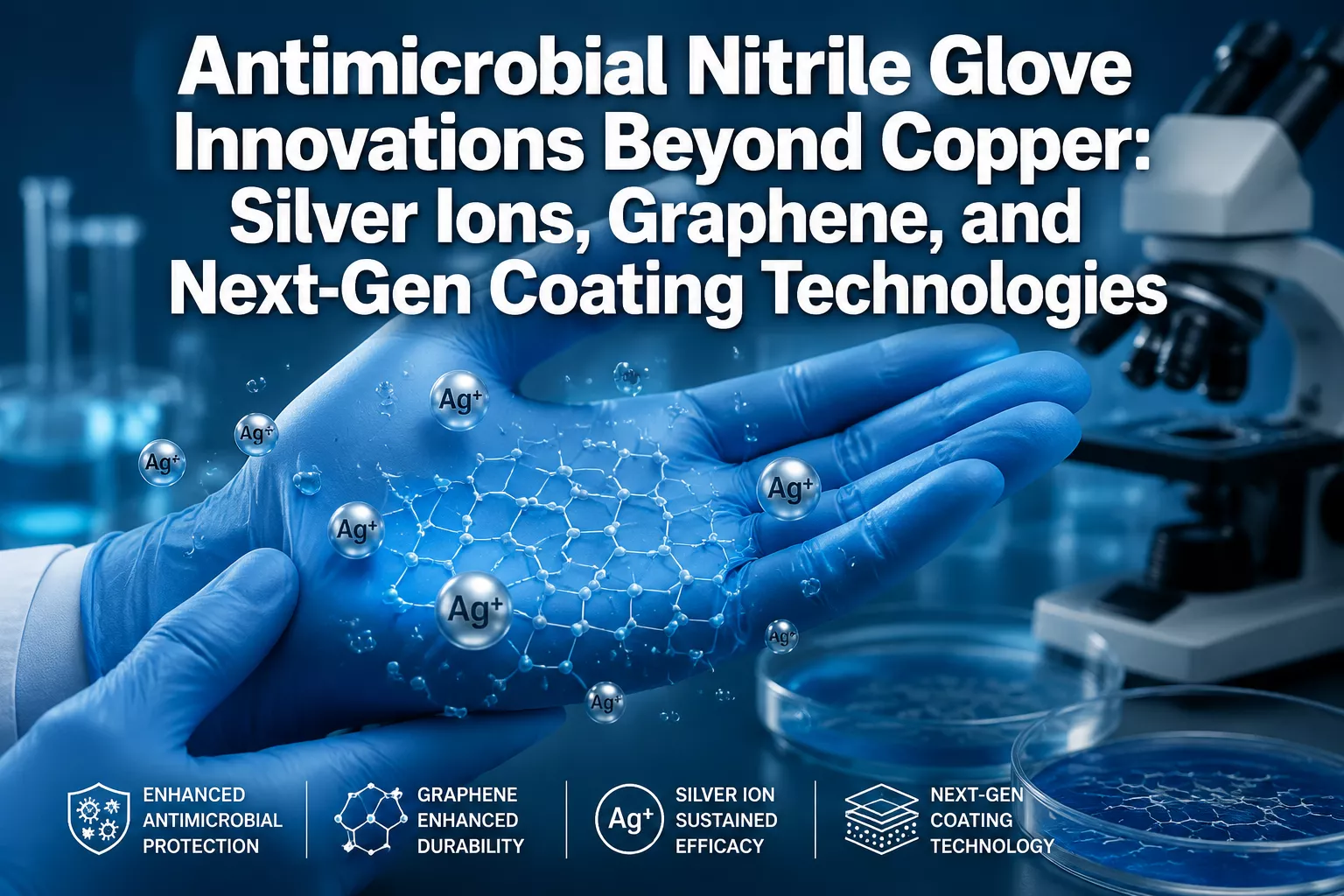 Professional () hero image with 'Antimicrobial Nitrile Glove Innovations Beyond Copper: Silver Ions, Graphene, and Next-Gen