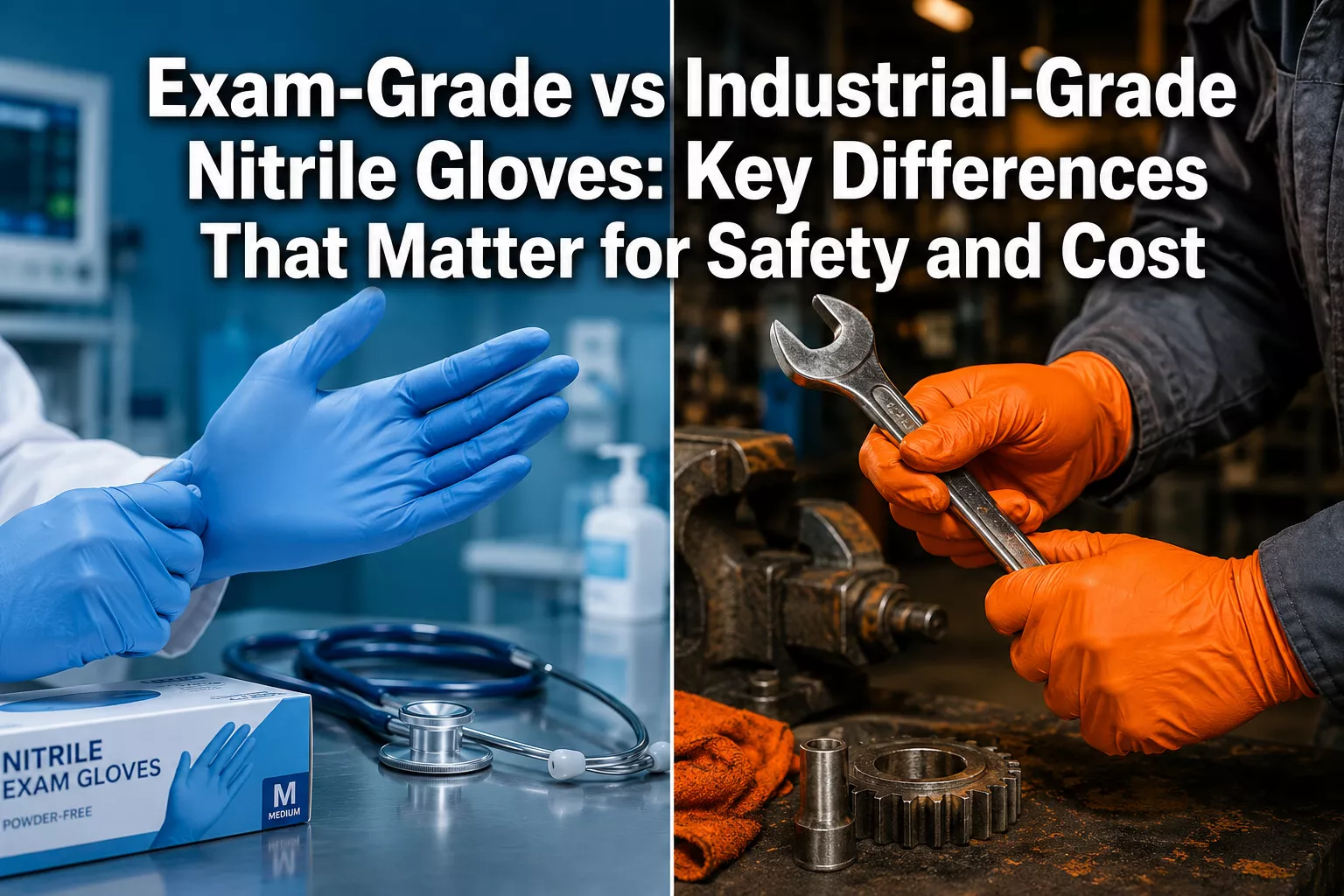 Professional () hero image with 'Exam-Grade vs Industrial-Grade Nitrile Gloves: Key Differences That Matter for Safety and