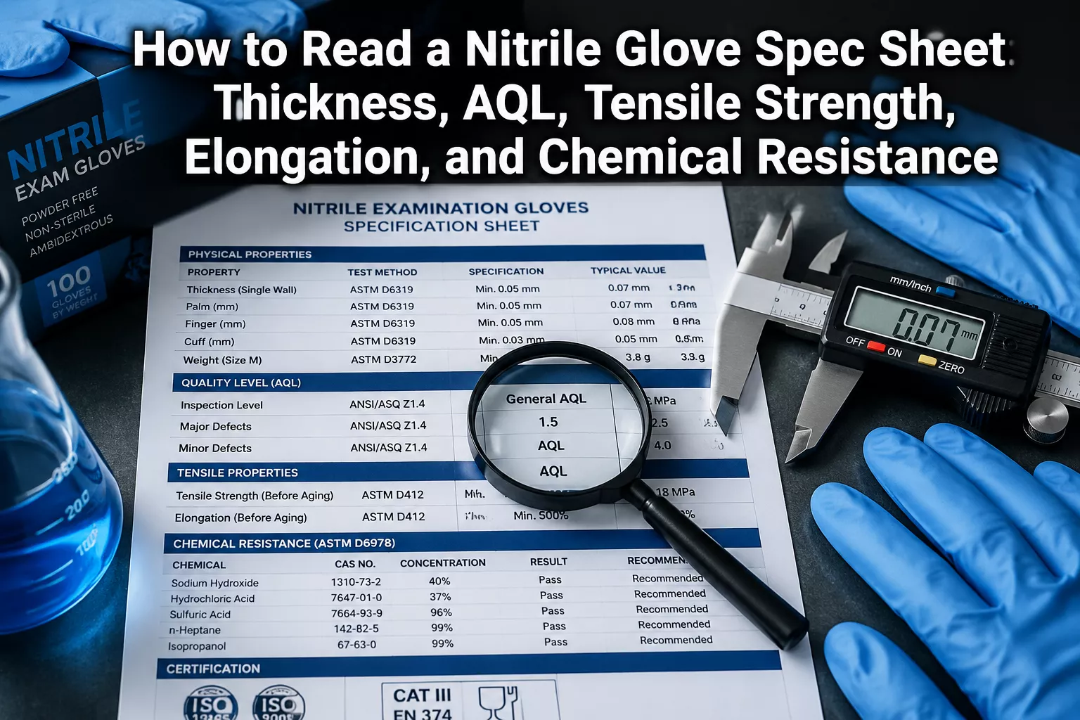 Professional () hero image with 'How to Read a Nitrile Glove Spec Sheet: Thickness, AQL, Tensile Strength, Elongation, and