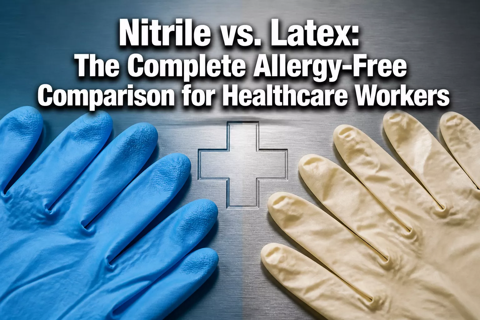 Professional () hero image with 'Nitrile vs. Latex: The Complete Allergy-Free Comparison for Healthcare Workers' in extra