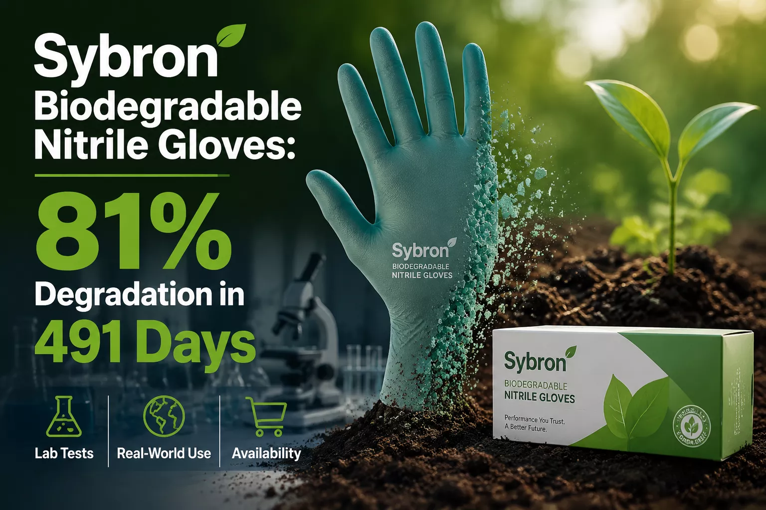 Professional landscape hero image () with : "Sybron Biodegradable Nitrile Gloves: 81% Degradation in 491 Days – Lab Tests,