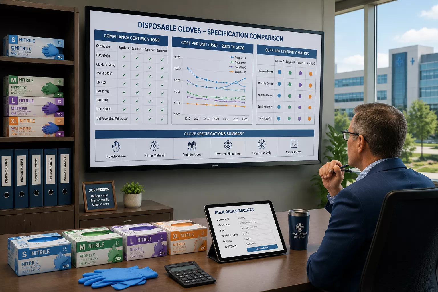 Wide-angle () photograph of modern hospital procurement office showing purchasing manager reviewing large digital display