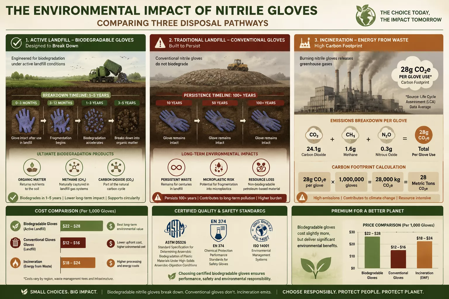 Wide () environmental impact comparison visualization showing three disposal pathways for nitrile gloves. Left panel: active