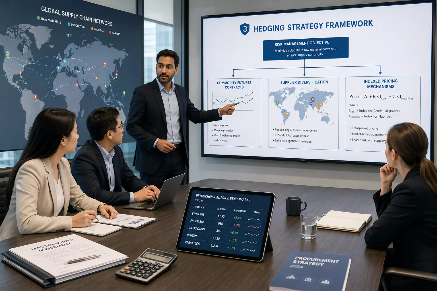 () business strategy illustration showing procurement team in modern conference room reviewing documents and digital