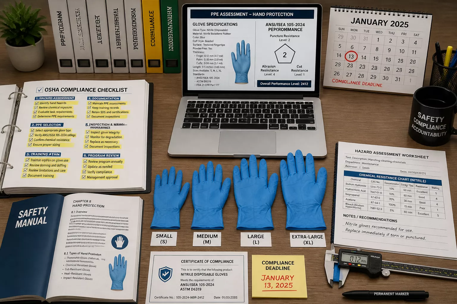 () comprehensive compliance documentation workspace scene showing organized desk with multiple elements: open laptop