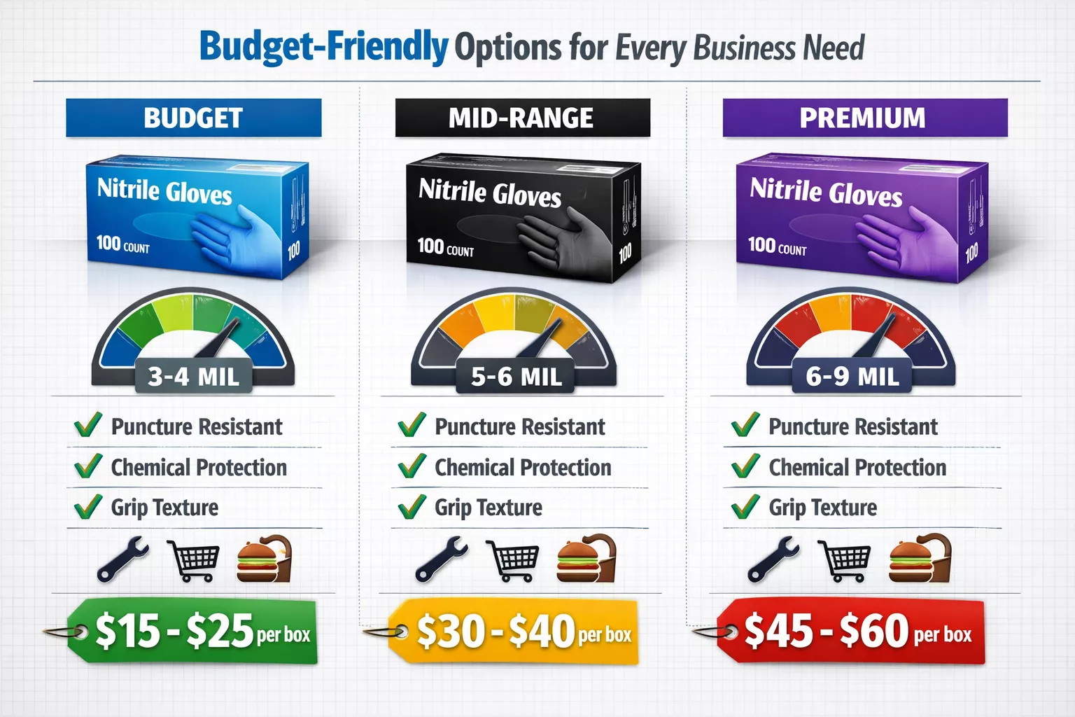 () detailed comparison infographic showing three columns of nitrile glove boxes with pricing tiers. Left column: budget 3-4