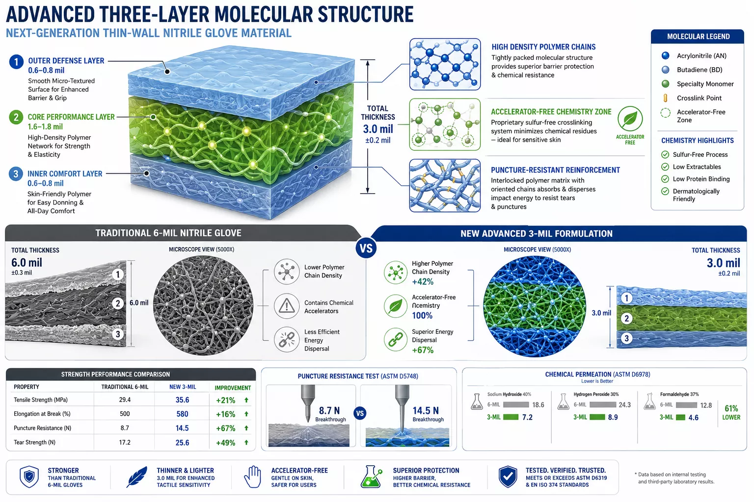 () detailed cross-section infographic illustration showing three-layer molecular structure of advanced thin-wall nitrile
