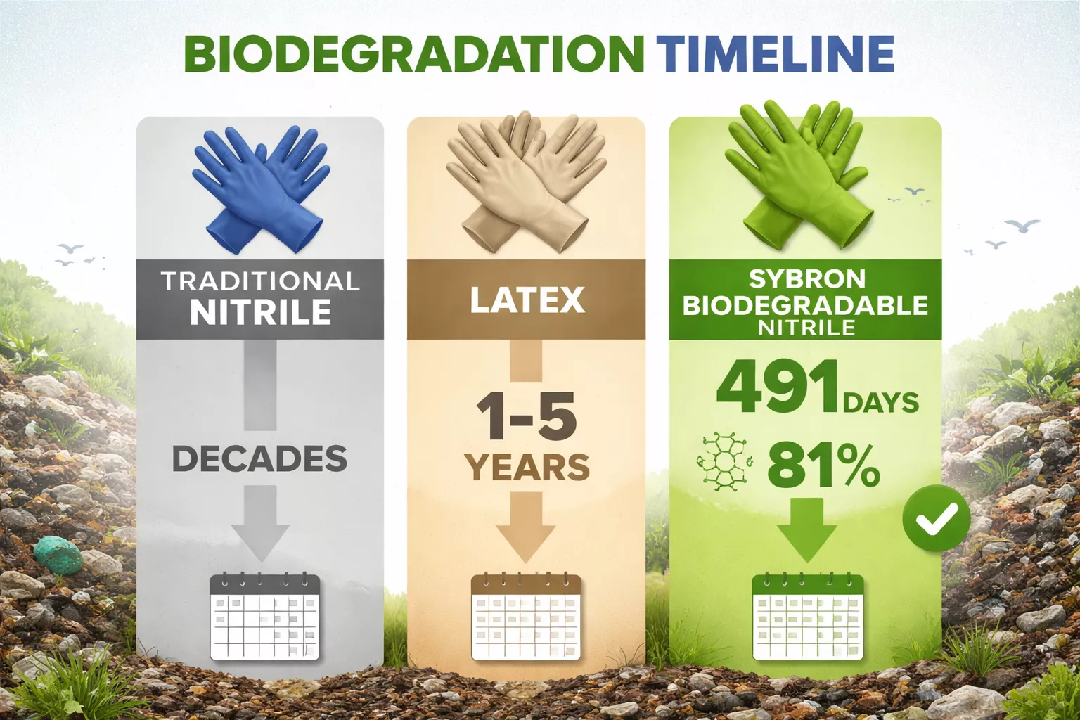 () detailed infographic showing biodegradation timeline comparison chart with three vertical bars: traditional nitrile