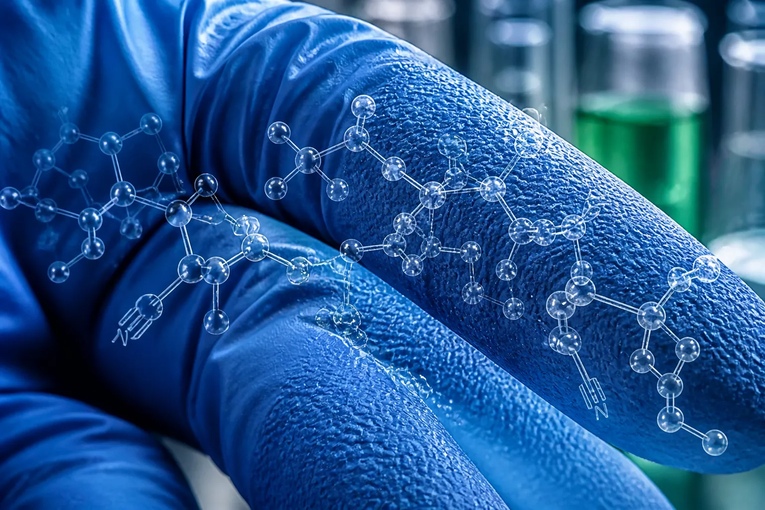 () detailed macro photograph showing the molecular structure concept of nitrile rubber material, extreme close-up of blue