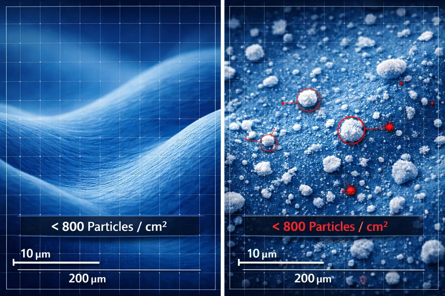 () detailed macro photography of blue nitrile glove surface under electron microscope magnification showing smooth polymer
