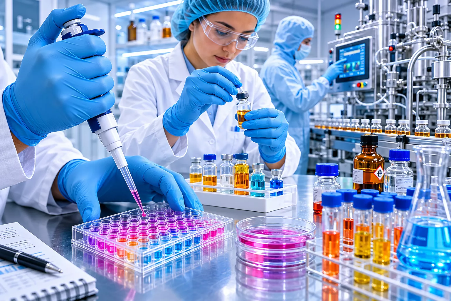 () dynamic pharmaceutical laboratory scene showing multiple applications of thin nitrile gloves in precision work
