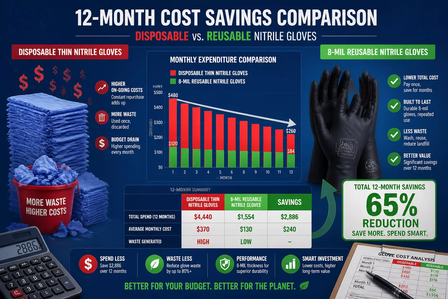 () editorial image showing detailed comparison infographic of cost savings over 12-month period. Split-screen composition: