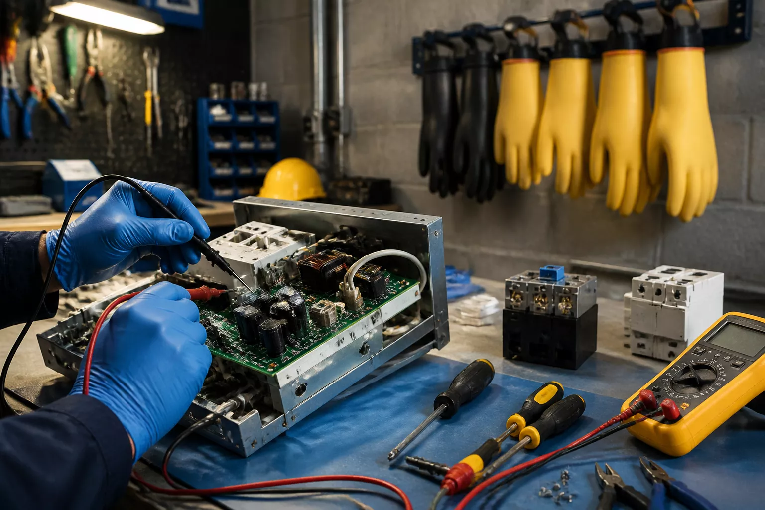 () industrial safety scene showing a worker's hands wearing blue nitrile gloves working on a low-voltage electronic assembly
